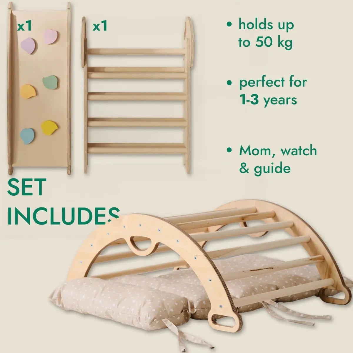 Goodevas wooden 4-in-1 Montessori climbing set for toddlers: Pikler triangle, arch, slide board and cushion
