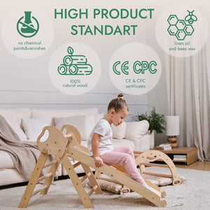 Goodevas 4in1 Montessori climbing set in natural wood for toddlers with Pikler triangle, arch, and slide.