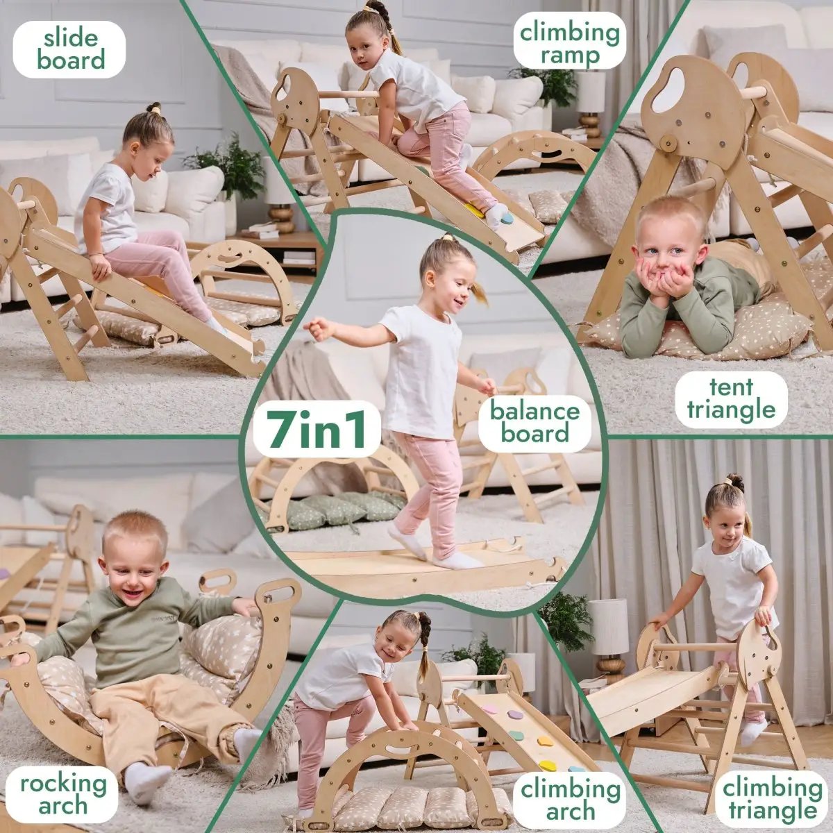 Goodevas 4in1 Montessori climbing set—wooden Pikler triangle, arch, slide board, cushion for toddlers