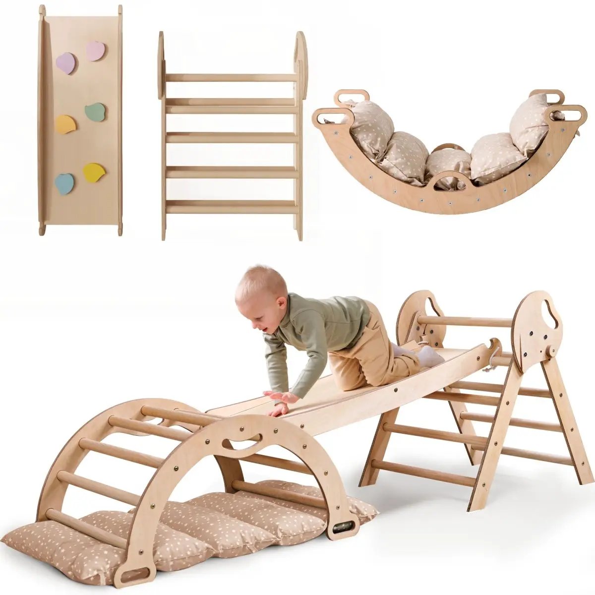 Goodevas 4in1 Montessori climbing set in natural wood with Pikler triangle, arch, slide board and cushions