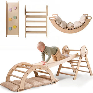 Goodevas 4in1 Montessori climbing set in natural wood with Pikler triangle, arch, slide board and cushions
