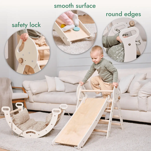 Goodevas 4in1 Montessori climbing set for toddlers in natural wood with Pikler triangle, arch, slide board and cushion