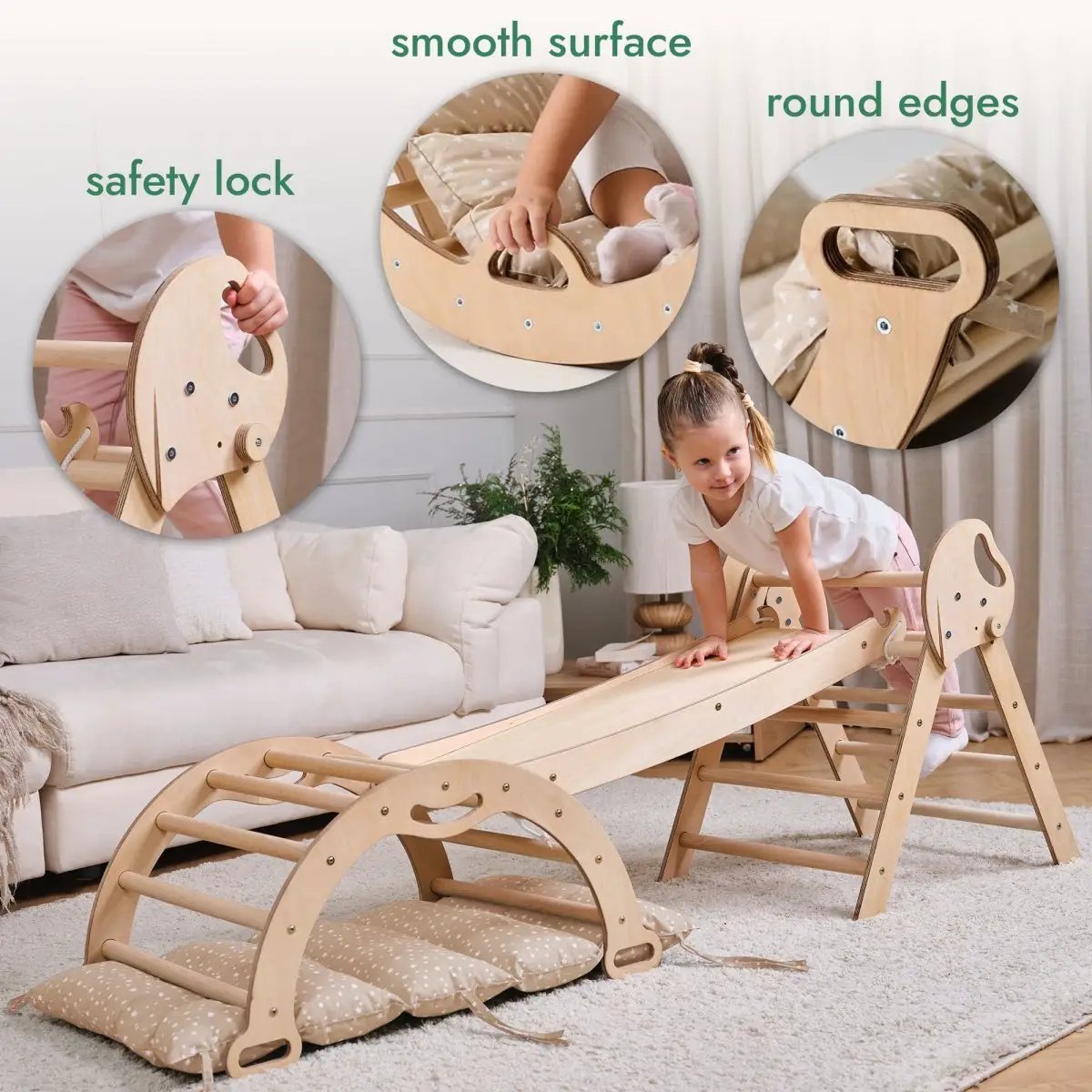 Goodevas 4in1 Montessori climbing set, wooden with Pikler triangle, arch, slide board and cushion for toddlers.