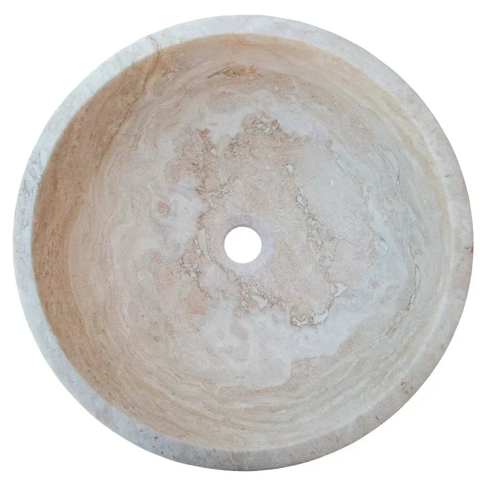 Beige travertine round above-vanity bathroom vessel sink, 18-inch diameter, honed and filled.