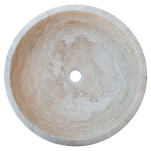 Beige travertine round above-vanity bathroom vessel sink, 18-inch diameter, honed and filled.