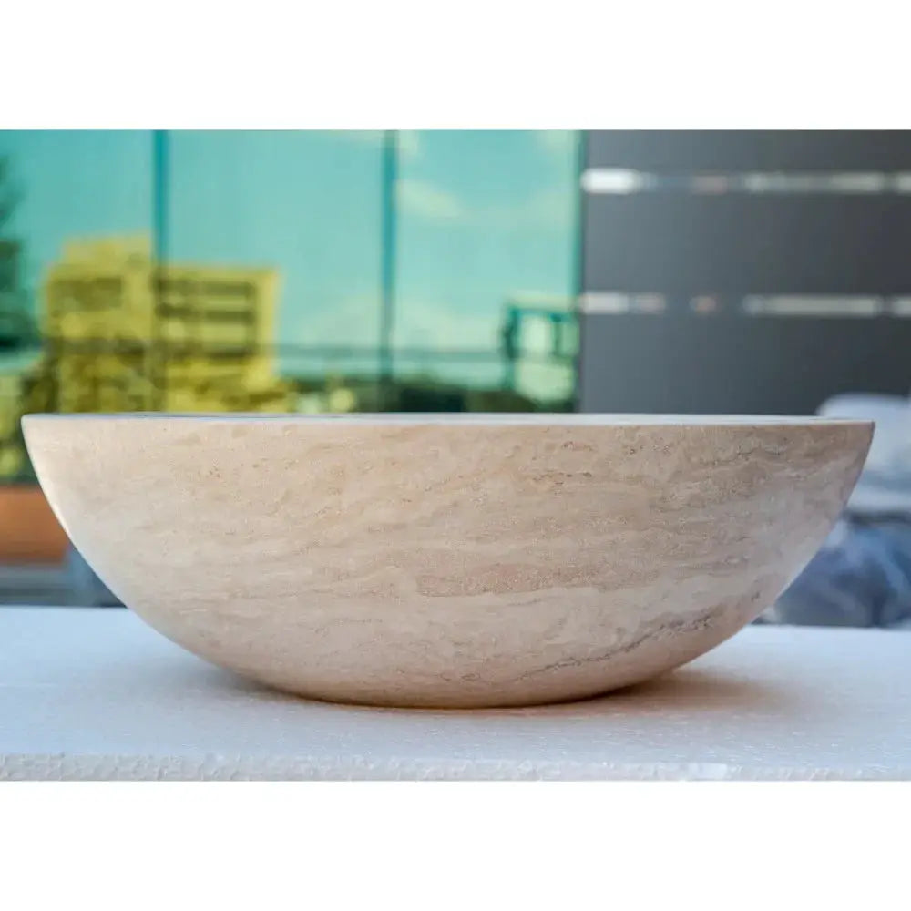 Villohome beige travertine bathroom vessel sink above vanity, honed and filled, 18in diameter by 6in height.