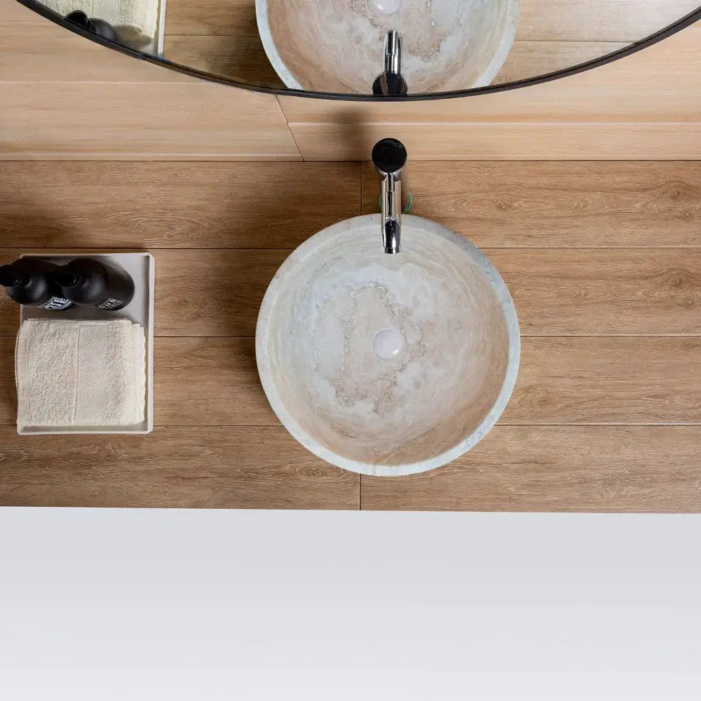 Beige travertine bathroom vessel sink above vanity, 18in dia, Villohome