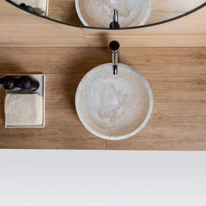 Beige travertine bathroom vessel sink above vanity, 18in dia, Villohome