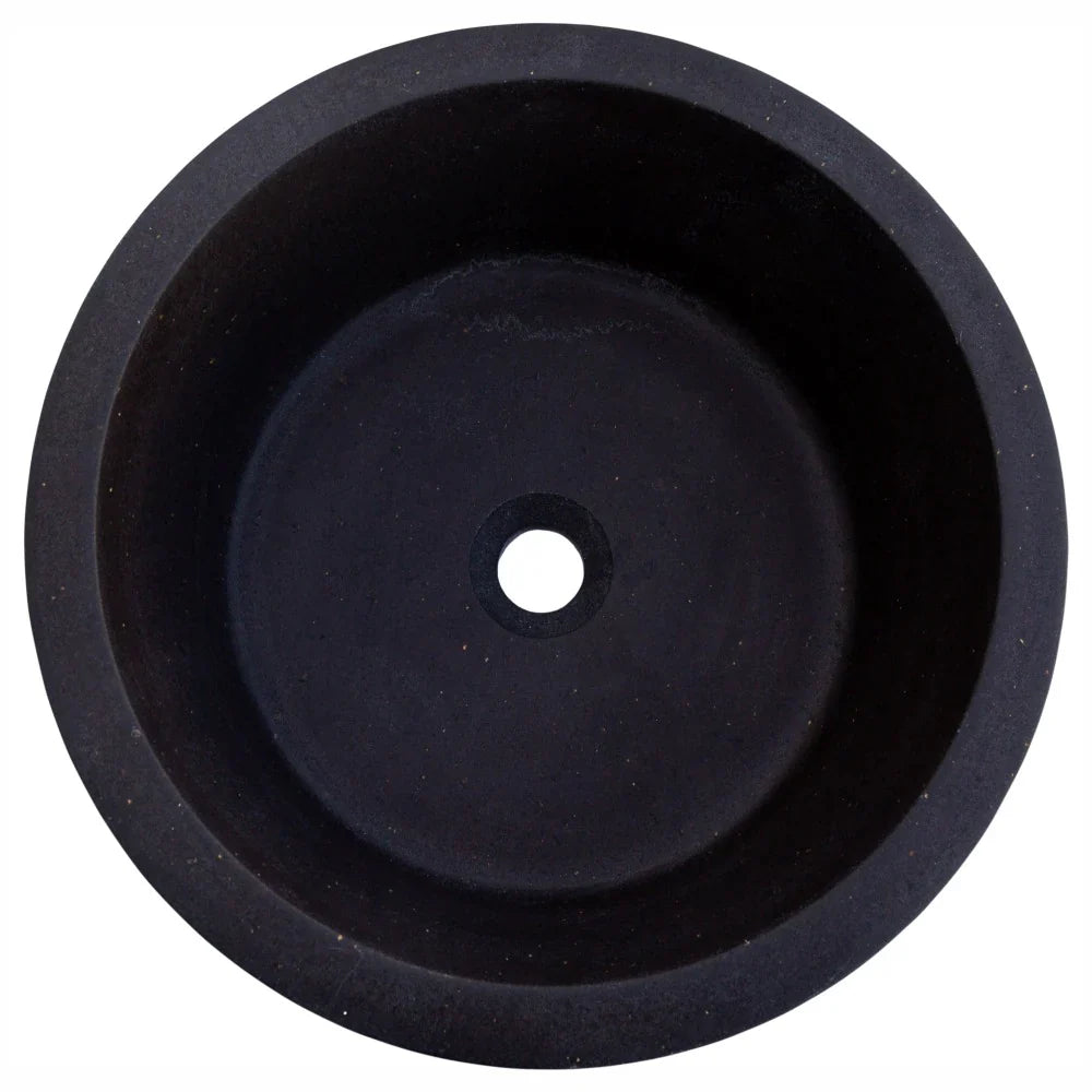 Villohome black Andesite round above-vanity bathroom sink, honed matte finish, 16 in diameter