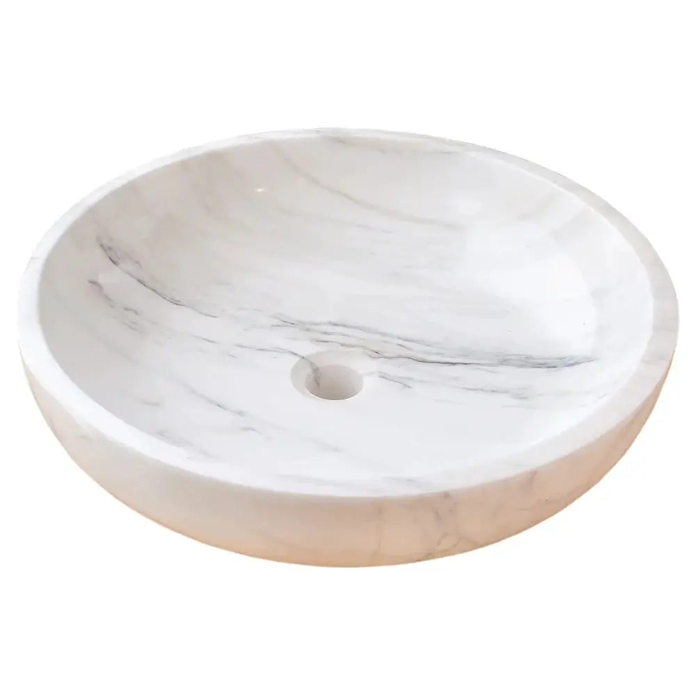 Villohome Calacatta white marble vessel sink, polished round bathroom basin, 19-inch diameter