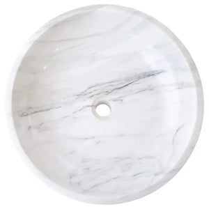 Calacatta white marble vessel sink, round above-counter bathroom basin with polished finish.
