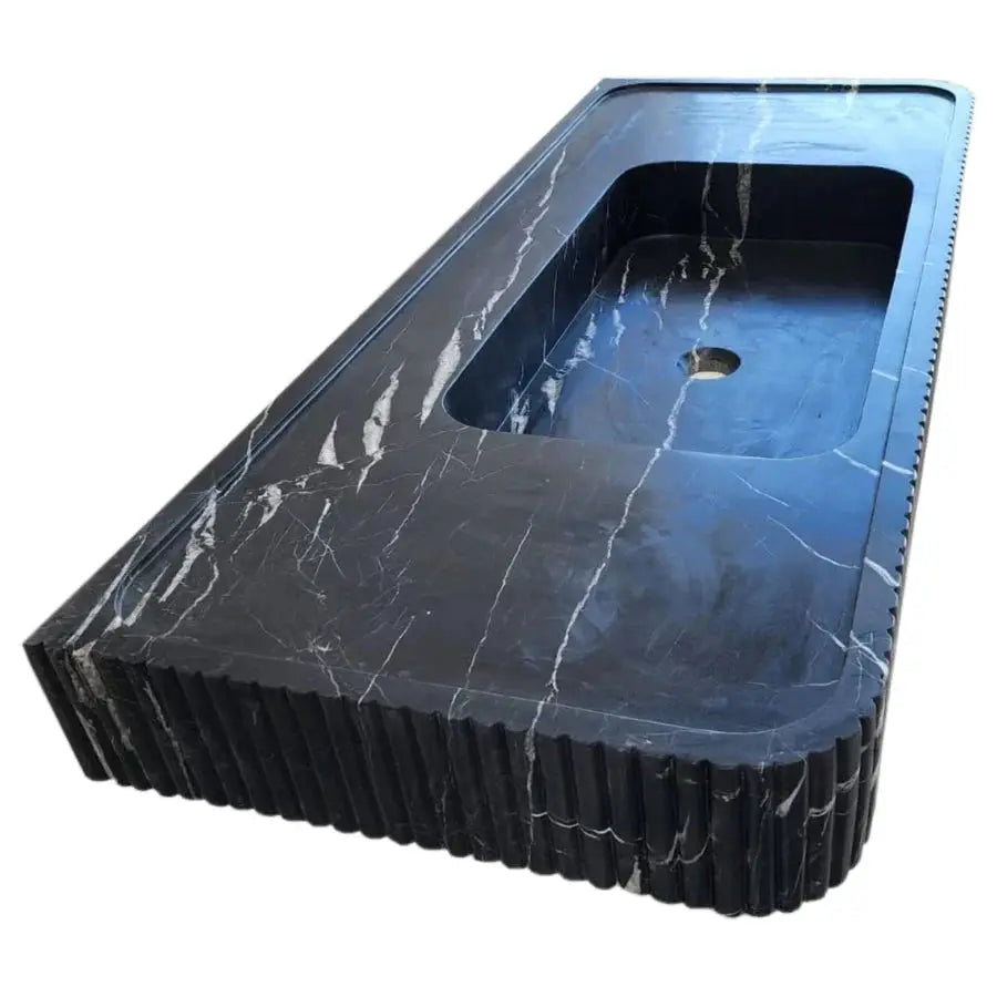 Nero Marquina marble wall-mount bathroom vanity sink with fluted front, Villohome