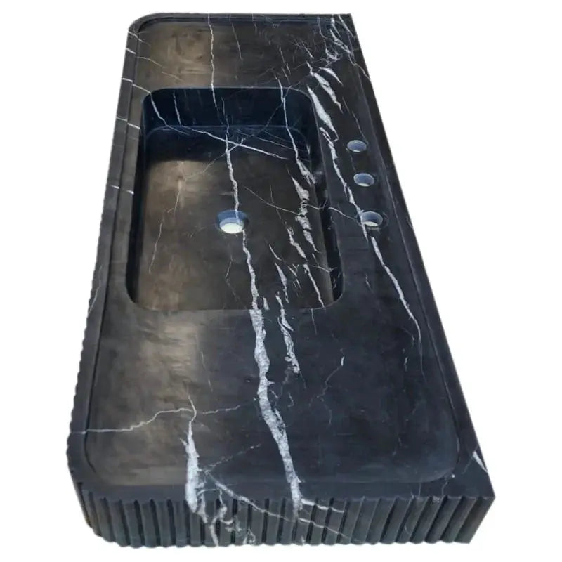 Nero Marquina marble wall-mount bathroom vanity sink with fluted front by Villohome; 48 in L x 20 in W x 5 in H