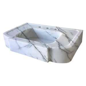 New York White Marble wall-mount bathroom sink by Villohome, polished stone with gray veining