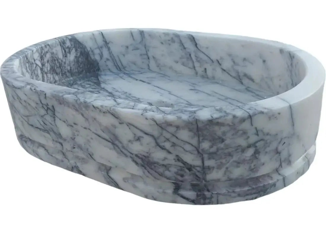 New York Marble Ellipse wall-mount bathroom sink by Villohome, white with gray veining