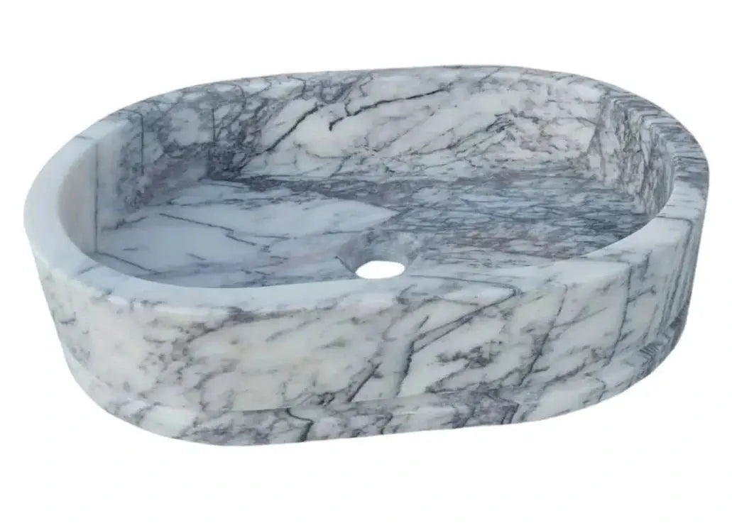 New York Marble Ellipse wall-mount bathroom sink with white and gray marble oval basin