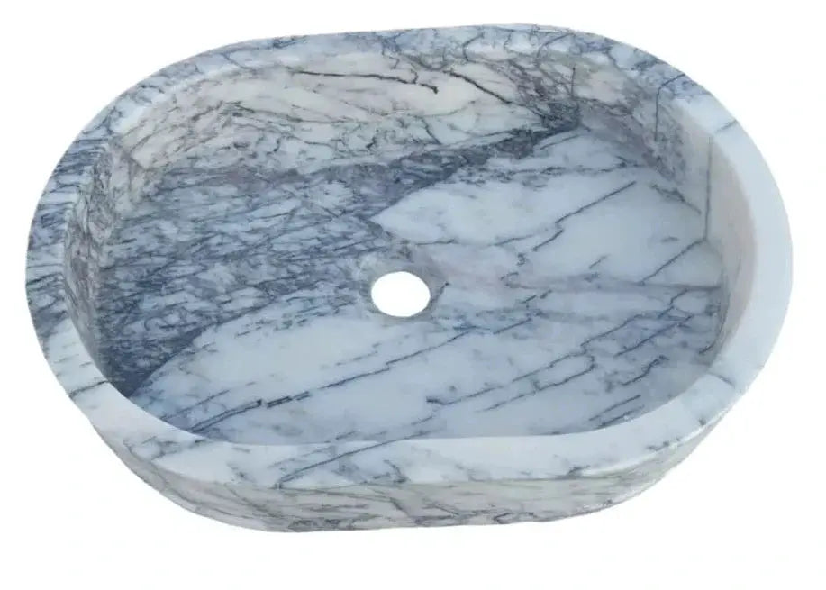 New York Marble Ellipse wall-mount bathroom sink, white marble with grey veining.