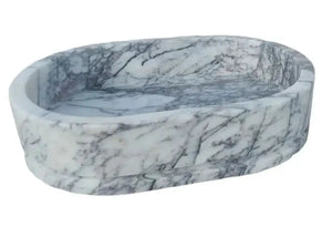 New York Marble Ellipse wall-mount bathroom sink by Villohome, white-gray marble.