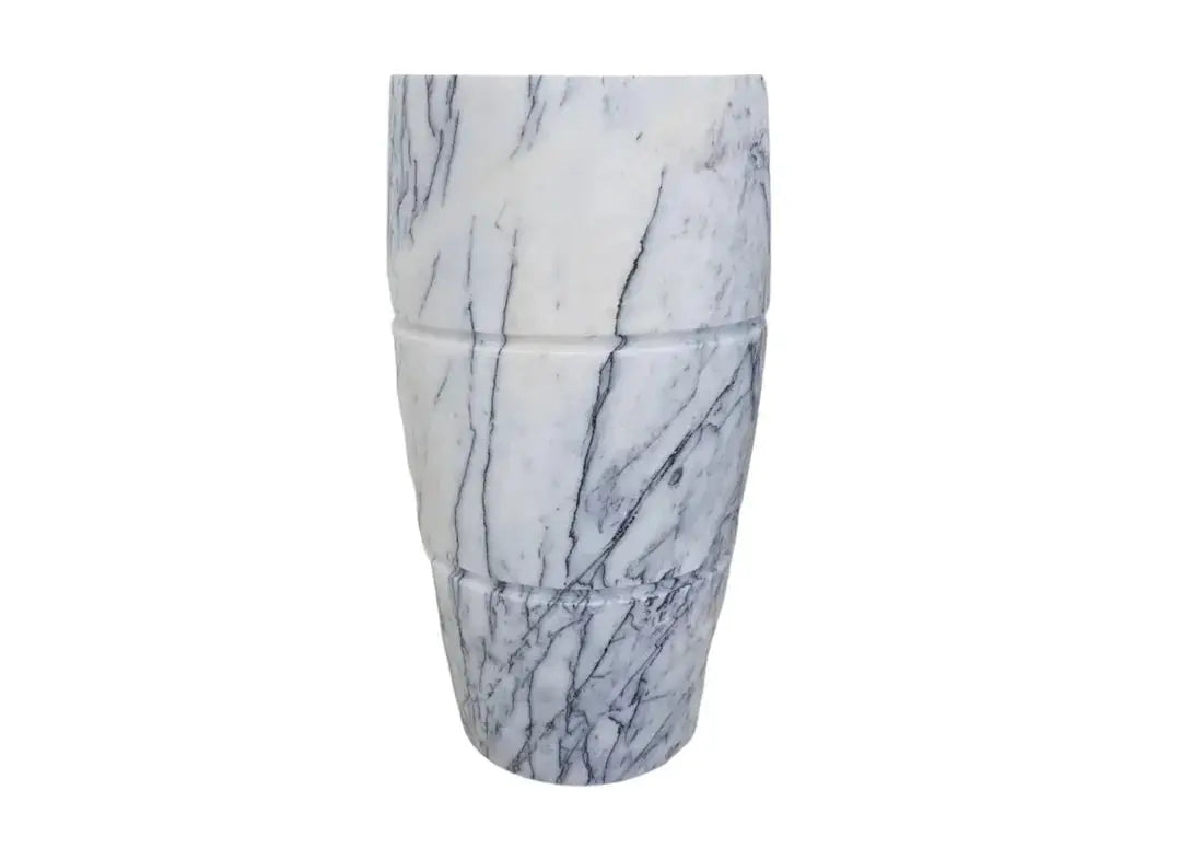 Villohome New York Marble Designer pedestal bathroom sink, white marble with gray veining.