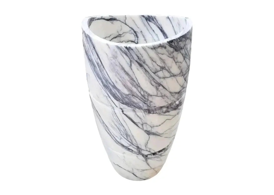 New York Marble Designer pedestal sink in white marble with gray veining; Villohome bathroom sink, 22x22x34 inches