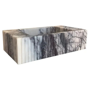 New York Marble wall-mount bathroom sink by Villohome, fluted front, white-gray marble, 20 in wide