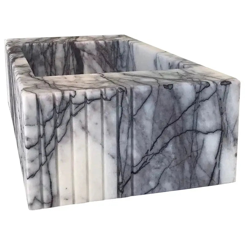 New York Marble wall-mount bathroom sink by Villohome with fluted front and gray-veined marble
