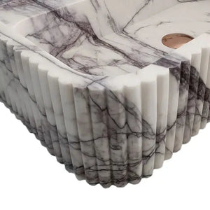 New York Marble wall-mount vessel sink by Villohome with ribbed textured sides in white with gray veining