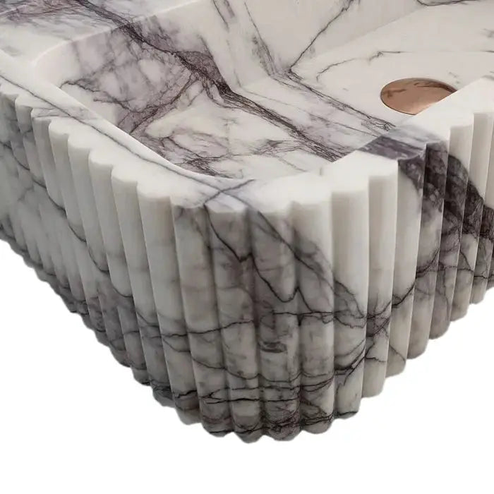New York Marble wall-mount vessel sink by Villohome with ribbed textured sides in white with gray veining