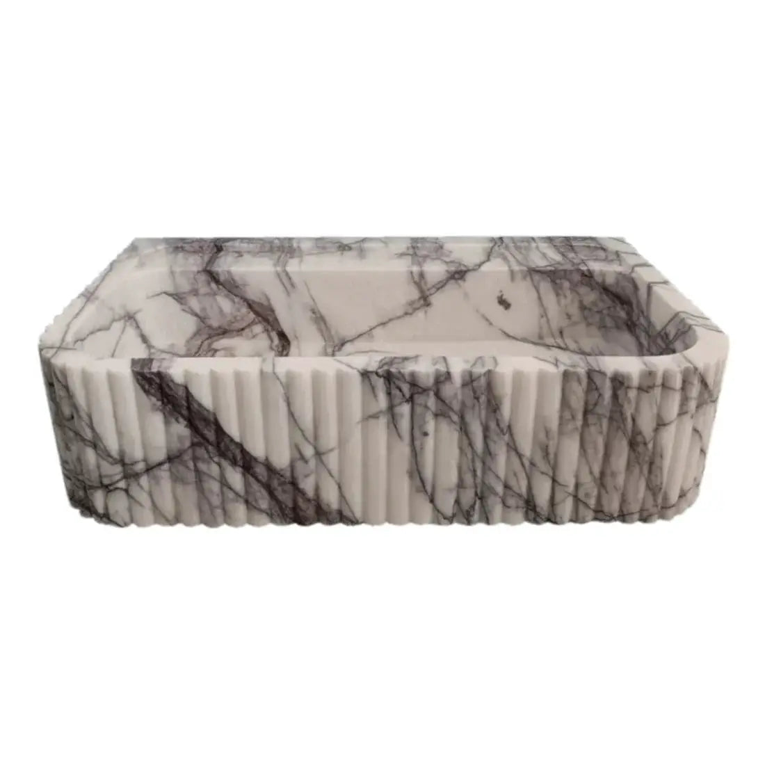 New York Marble wall-mount vessel sink by Villohome, ribbed textured white marble with gray veining, 14–24in wide