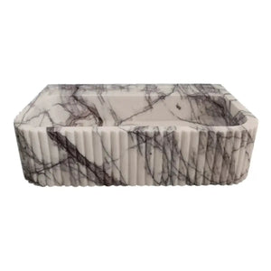 New York Marble wall-mount vessel sink by Villohome, ribbed textured white marble with gray veining, 14–24in wide