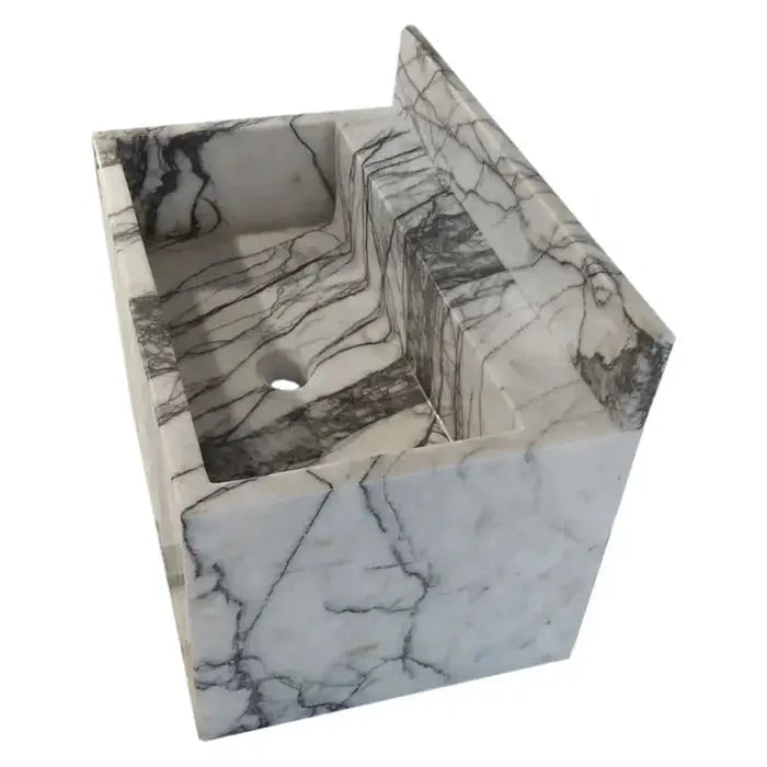 New York Marble Wall-Mount Bathroom Sink with Backsplash, white marble with gray veining