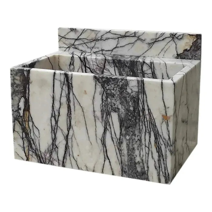 New York Marble wall-mount bathroom sink with backsplash by Villohome, white marble with black veining