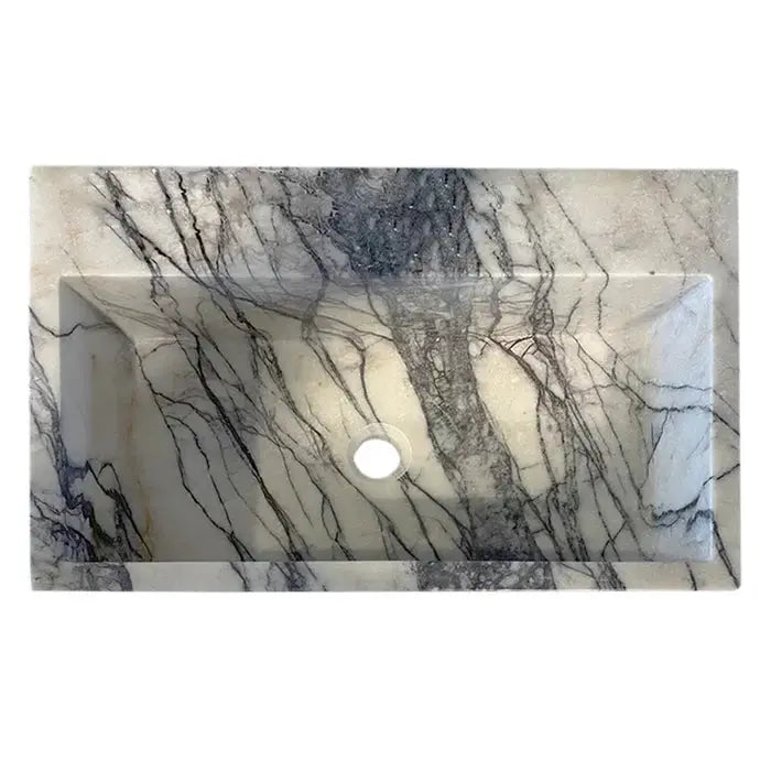 New York Marble wall-mount bathroom sink with backsplash; white marble with bold gray veining, rectangular basin.