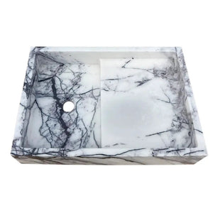 New York Marble wall-mount bathroom sink by Villohome, polished white marble with dark gray veining, 16x24x5 in