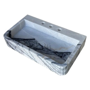 Villohome New York Marble wall-mount bathroom sink with fluted front and edges; white marble with gray veining, 28-inch length