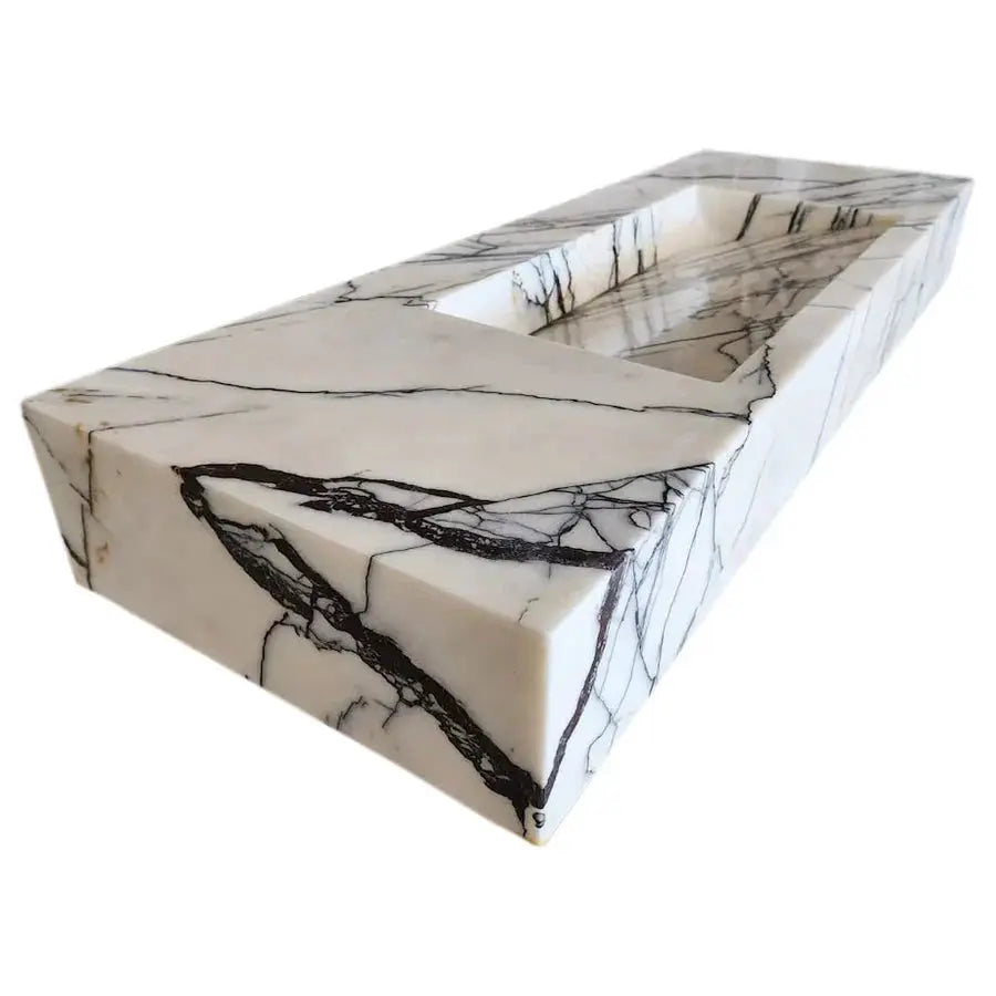 Villohome New York Marble wall-mount bathroom sink, polished white with black veining, 43" long x 16" wide, hidden drain.