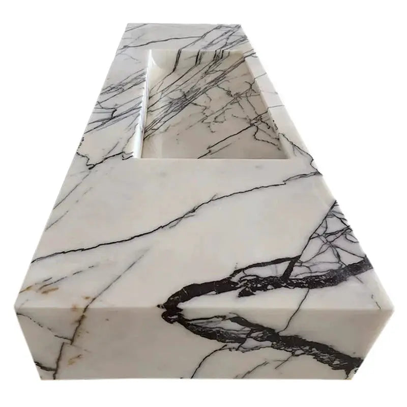 New York Marble wall-mount bathroom sink with hidden drain, white marble with black veining, polished finish, 43-inch long