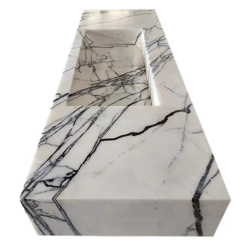 Villohome New York Marble wall-mount bathroom sink with hidden drain; white marble with bold gray veining.