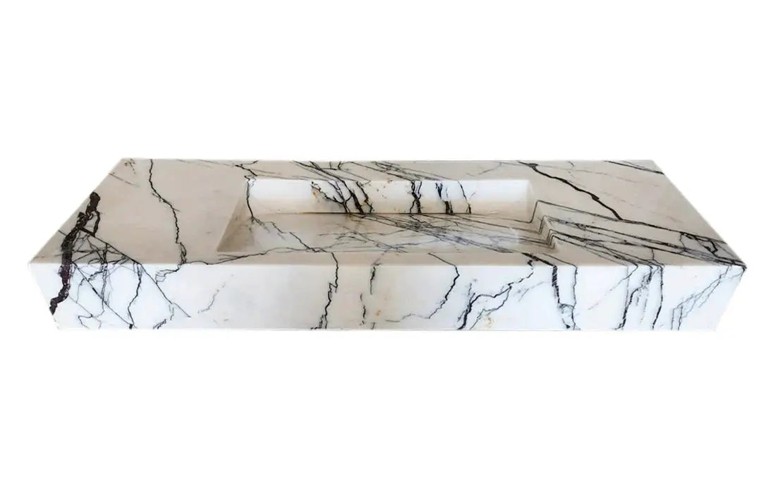 Villohome New York Marble wall-mount bathroom sink with hidden drain, polished white marble with black veining.