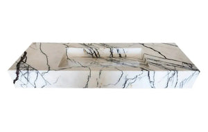 Villohome New York Marble wall-mount bathroom sink with hidden drain, polished white marble with black veining.