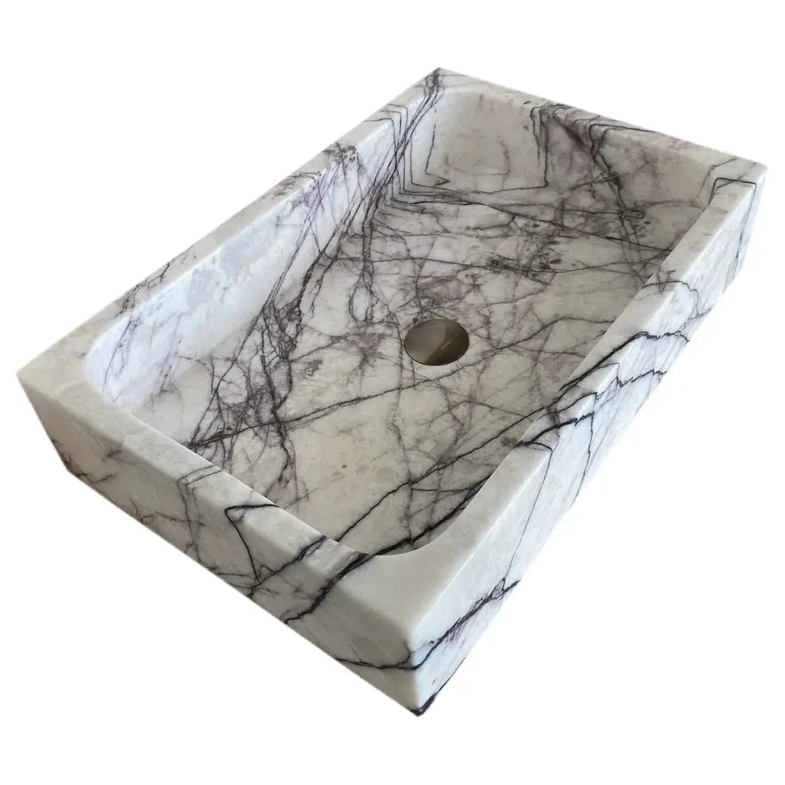 New York Marble rectangular wall-mount bathroom sink by Villohome; polished white marble with dark veining.