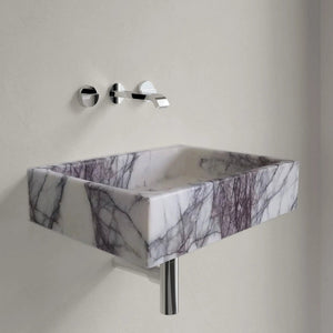 New York Marble rectangular wall-mount bathroom sink in polished white marble with gray veining and chrome fixtures