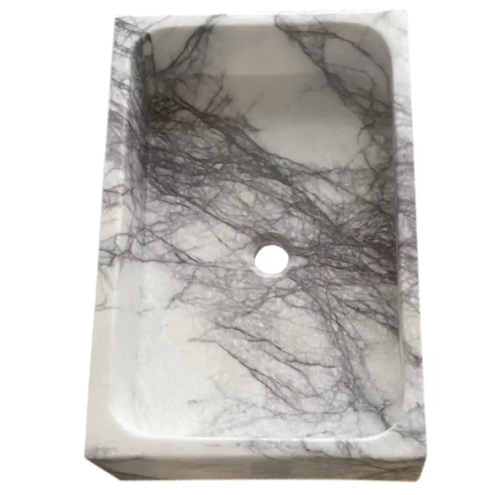 New York Marble rectangular wall-mount bathroom sink by Villohome, polished white with gray veining, 24x16x5 in