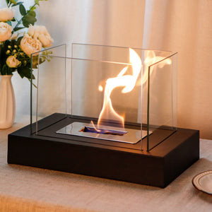 360° View Rectangular Tabletop Fire Bowl with Four-Sided Glass, black base and visible flames