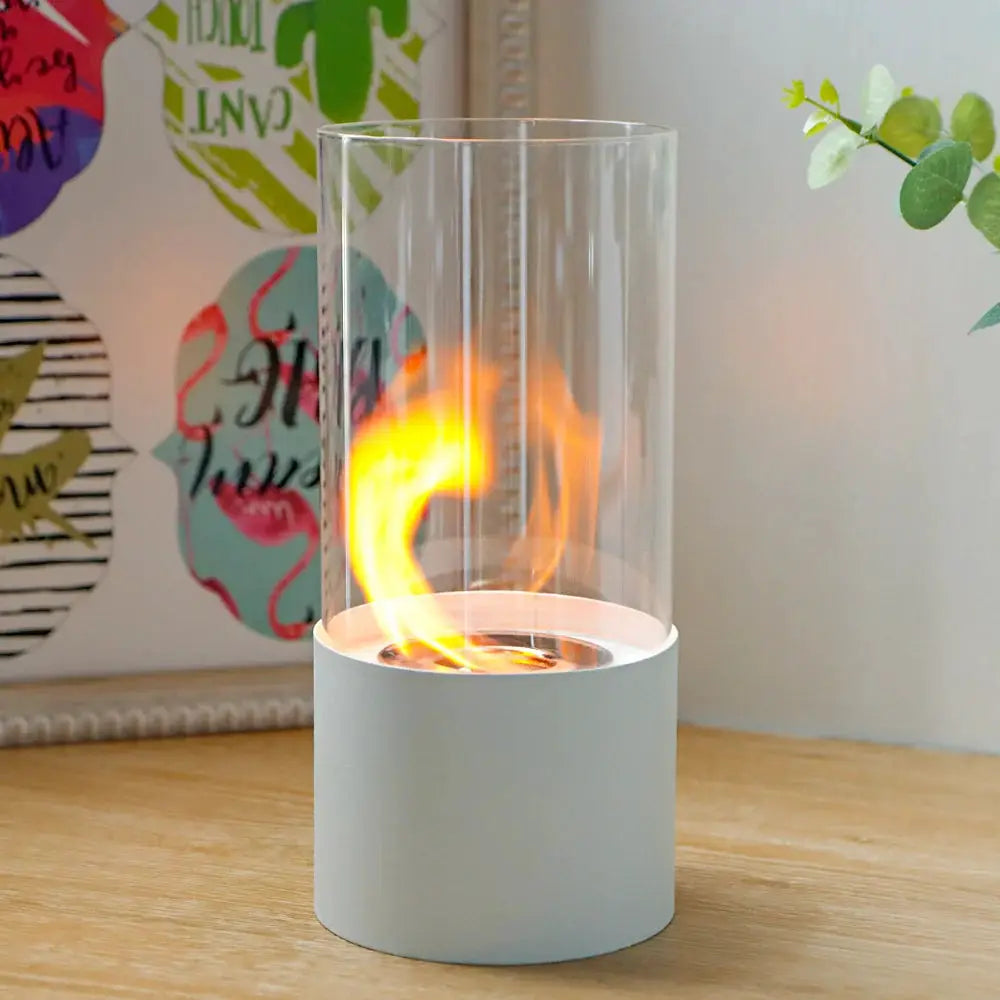 JHY DESIGN portable tabletop firepit, cylindrical glass with gray base for gel and ethanol fireplaces.