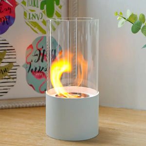 JHY DESIGN portable tabletop firepit, cylindrical glass with gray base for gel and ethanol fireplaces.