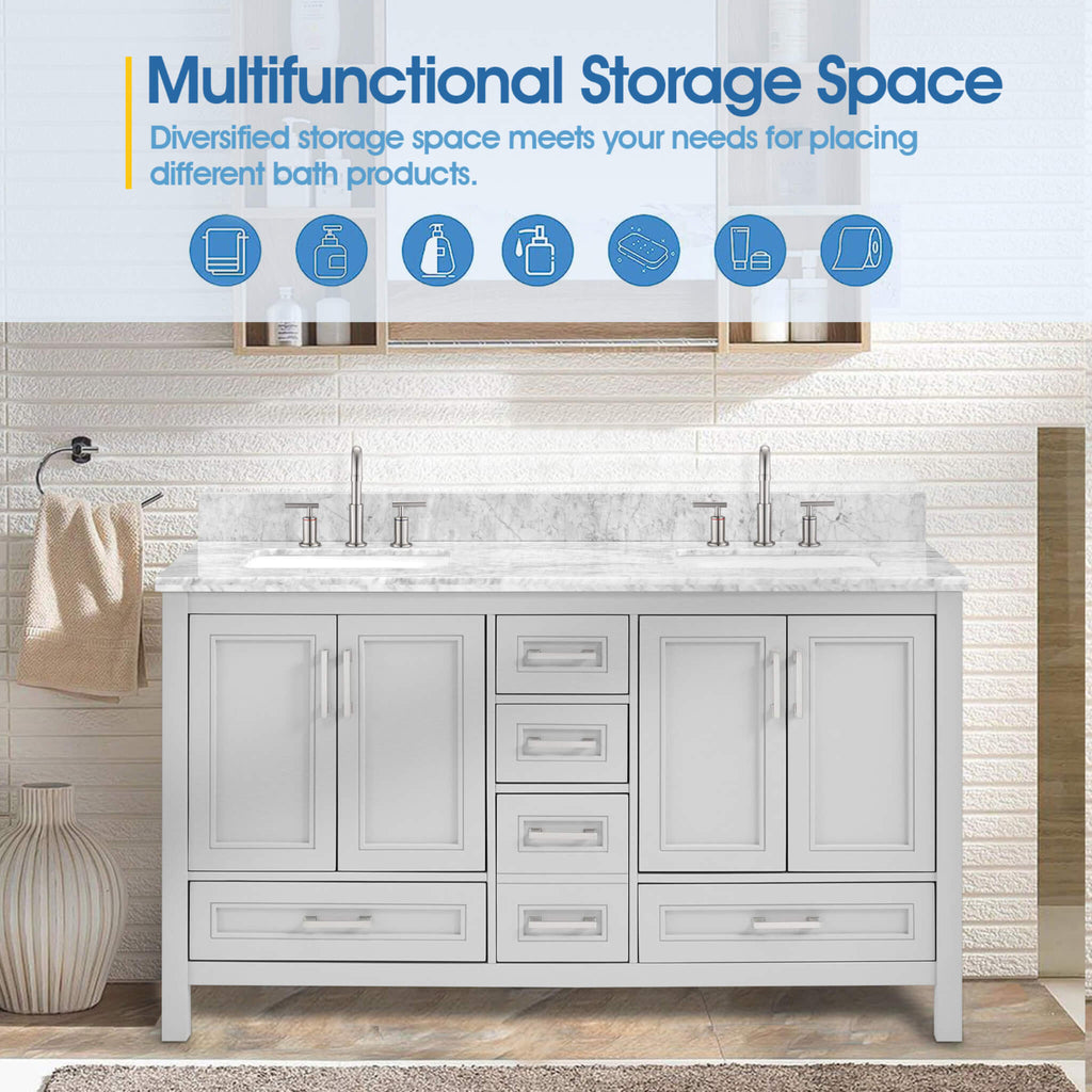 Nuvia Premium 60-Inch Freestanding Double Sink Bathroom Vanity With Carrara Marble Top (SAK51829)