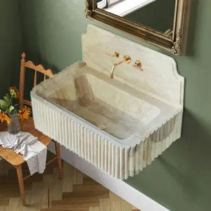Oasis beige travertine wall-mount bathroom vanity sink with fluted sides, 16x36 inches Villohome