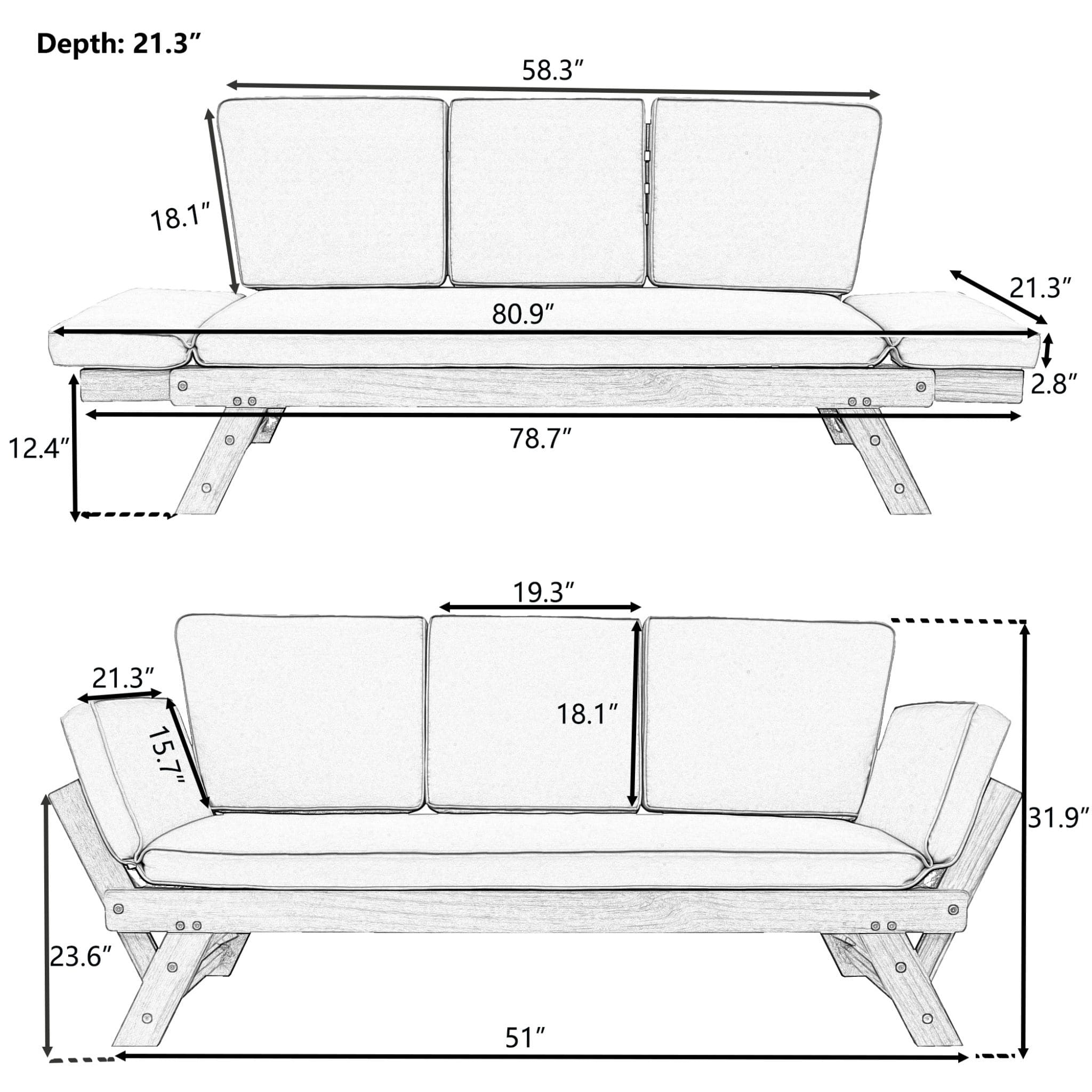 Outdoor Adjustable Wooden Patio Daybed Sofa With Cushions (SAK41345)