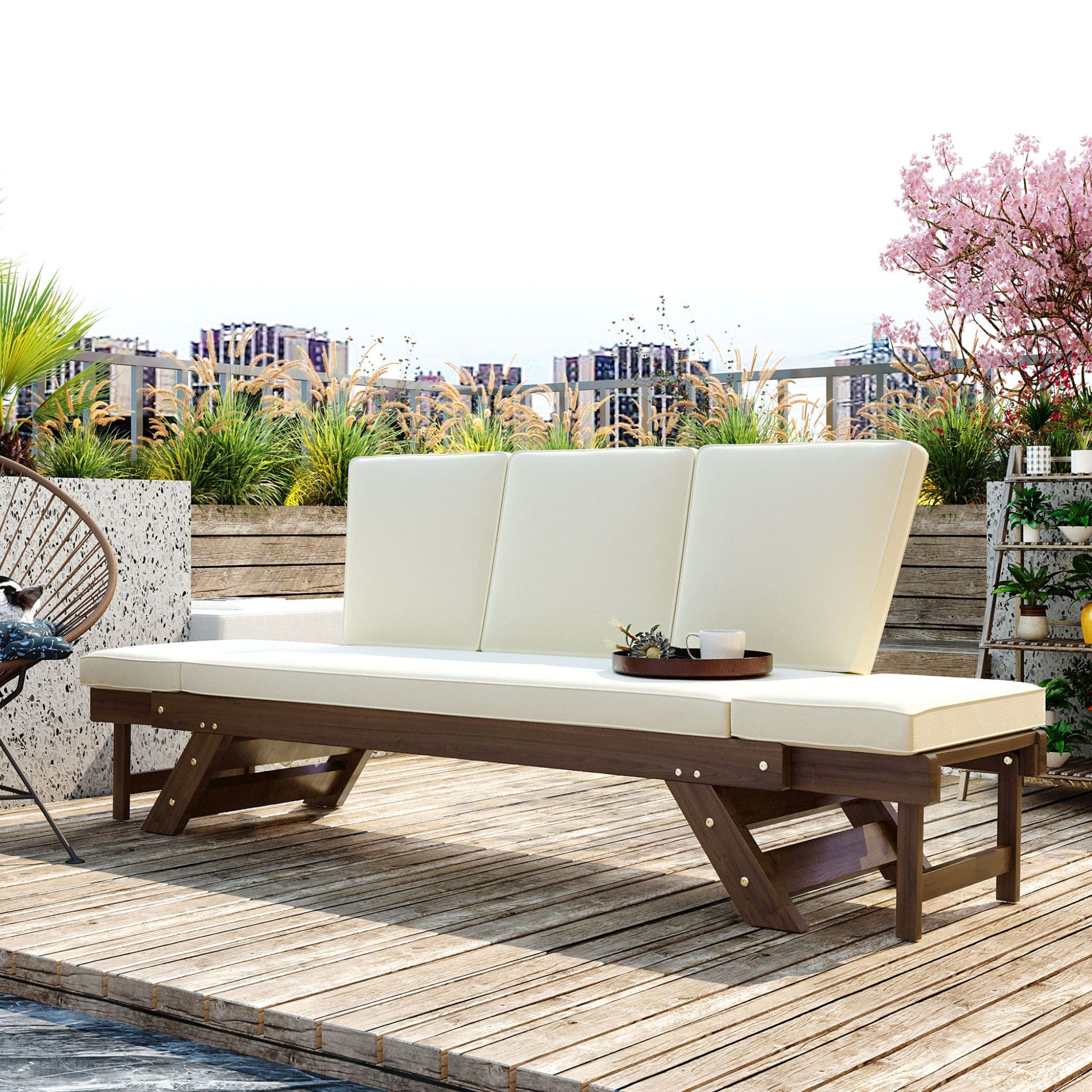 Outdoor Adjustable Wooden Patio Daybed Sofa With Cushions (SAK41345)